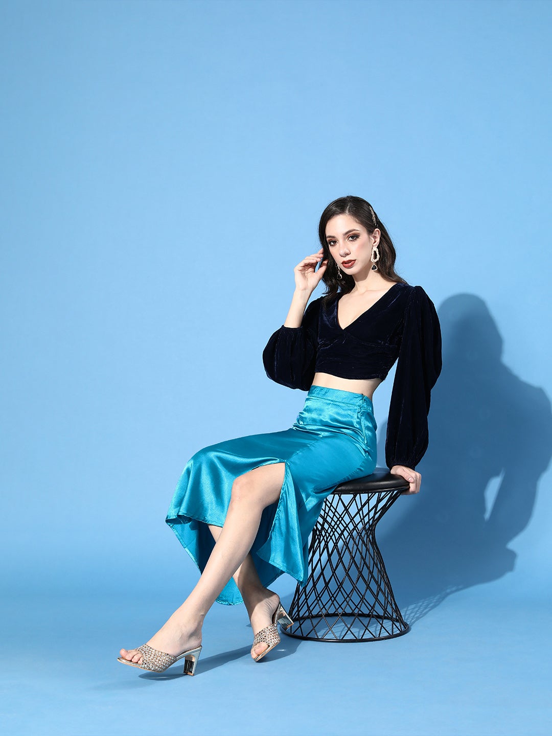 Solid Aqua Blue Satin Skirt