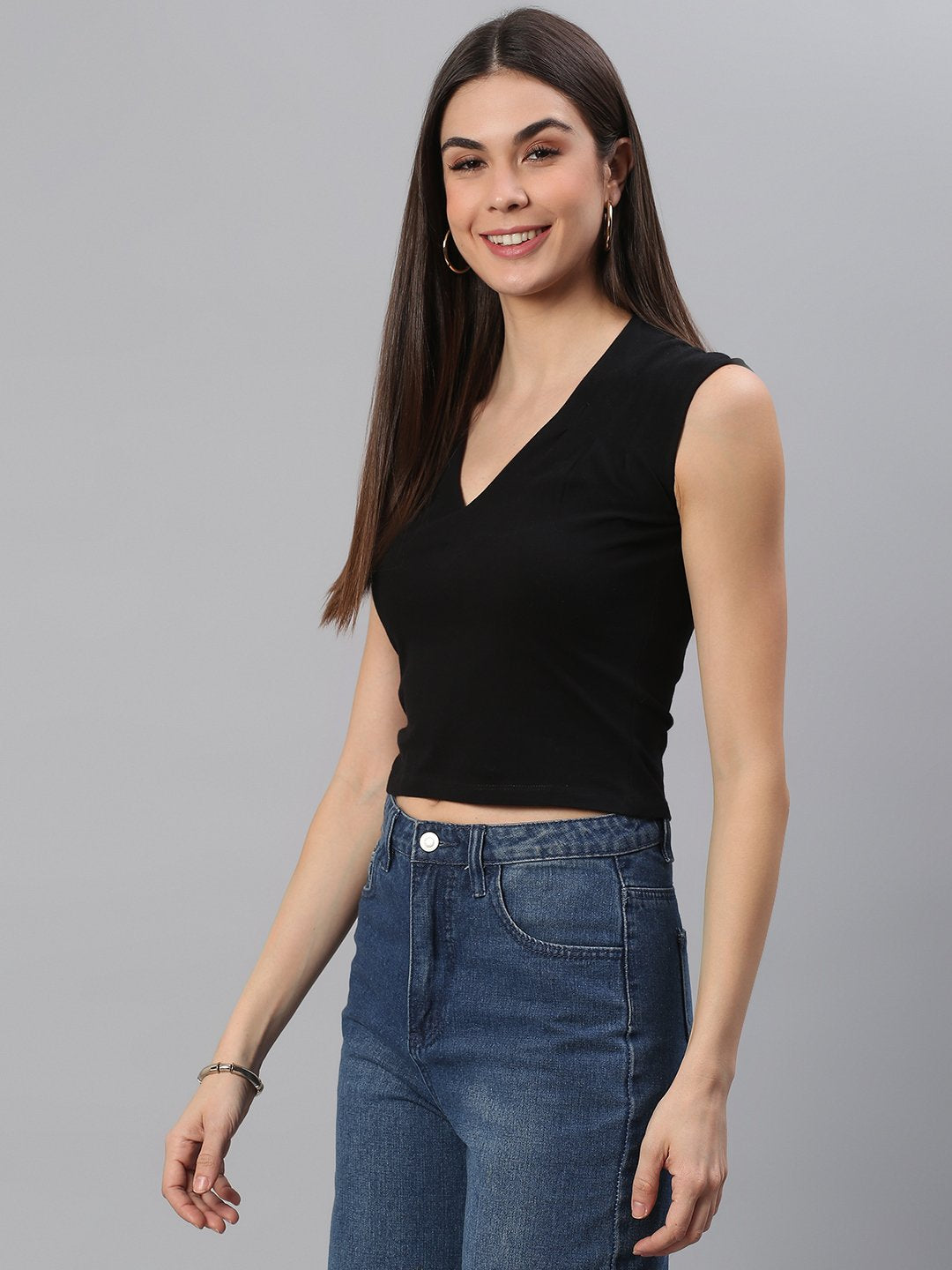 V-Neck Solid Black Top