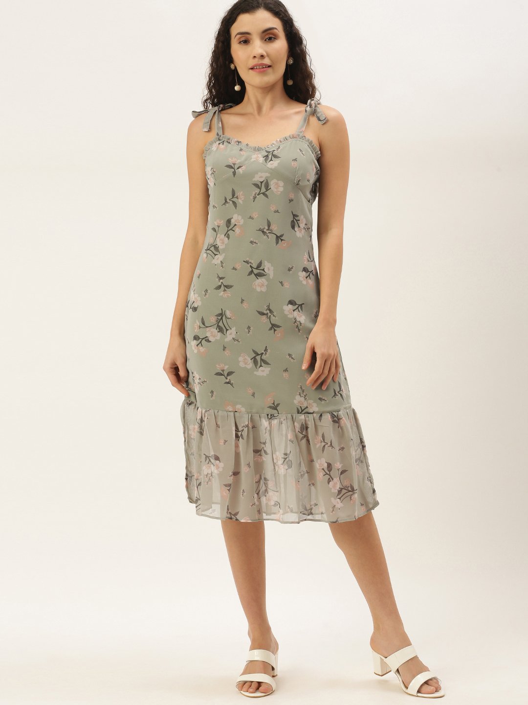 Gorgeous Green Grey Floral Waisted Dress