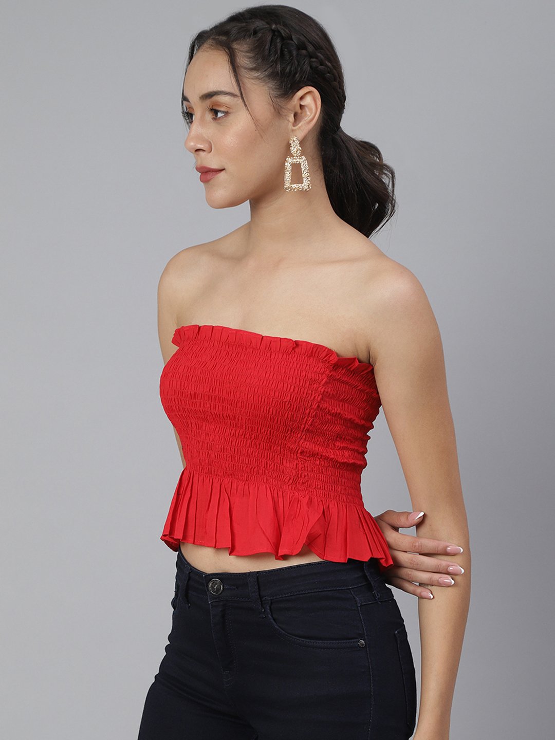 SCORPIUS Red Smocked off shoulder crop top