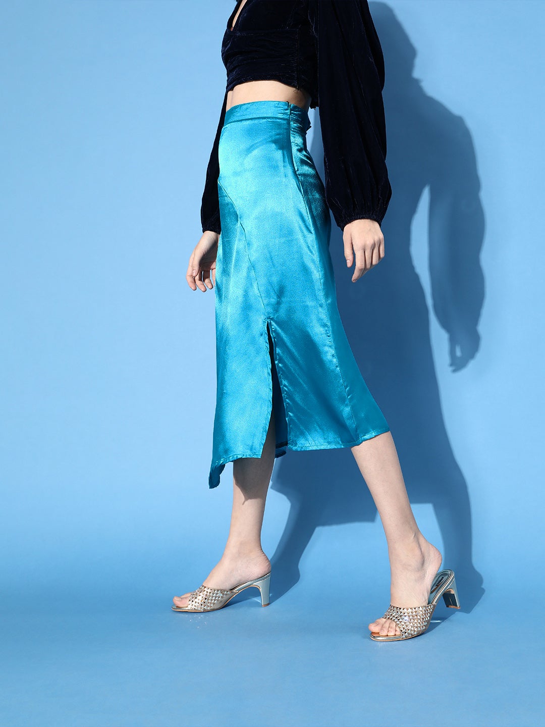 Solid Aqua Blue Satin Skirt