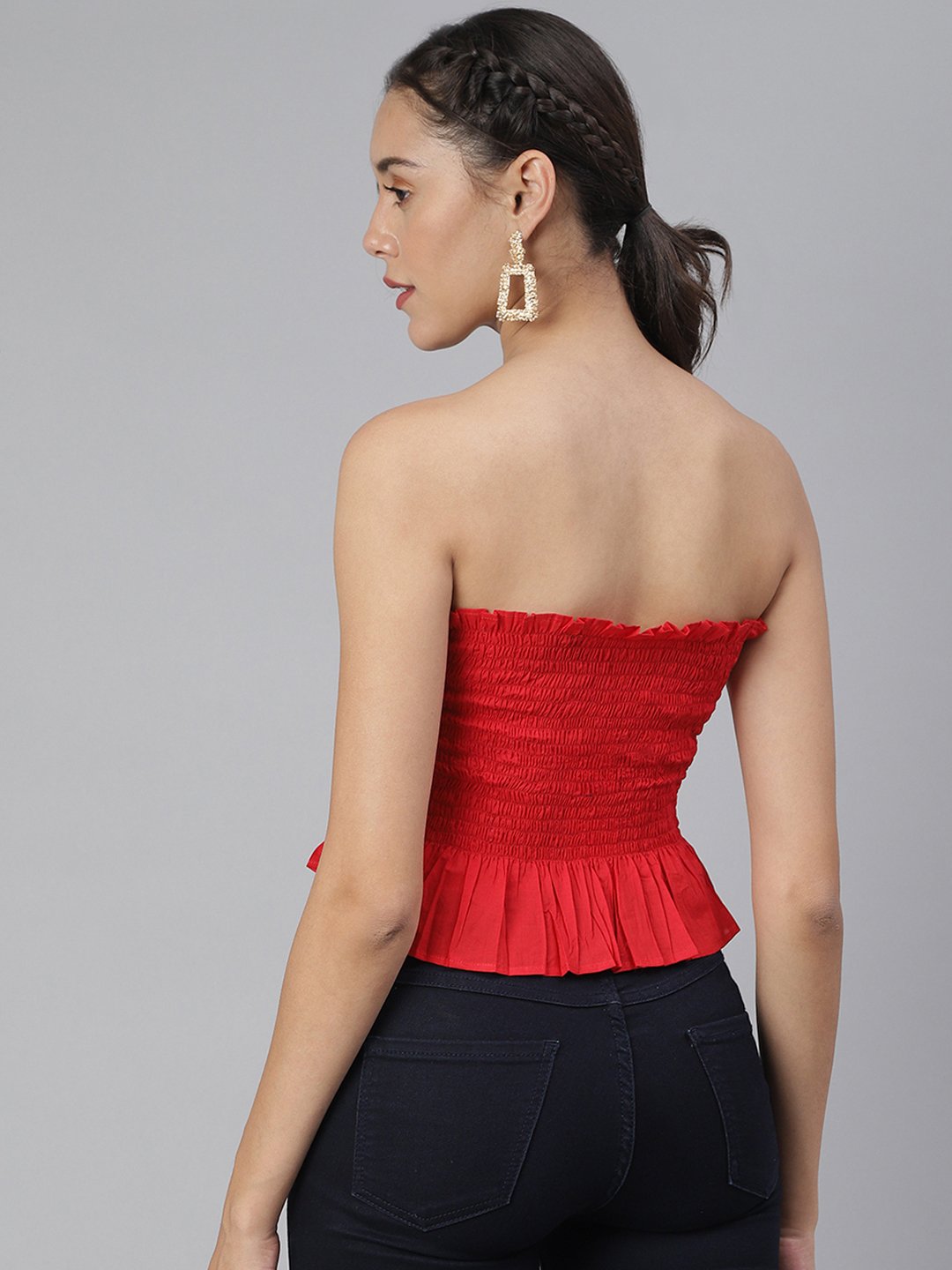 SCORPIUS Red Smocked off shoulder crop top