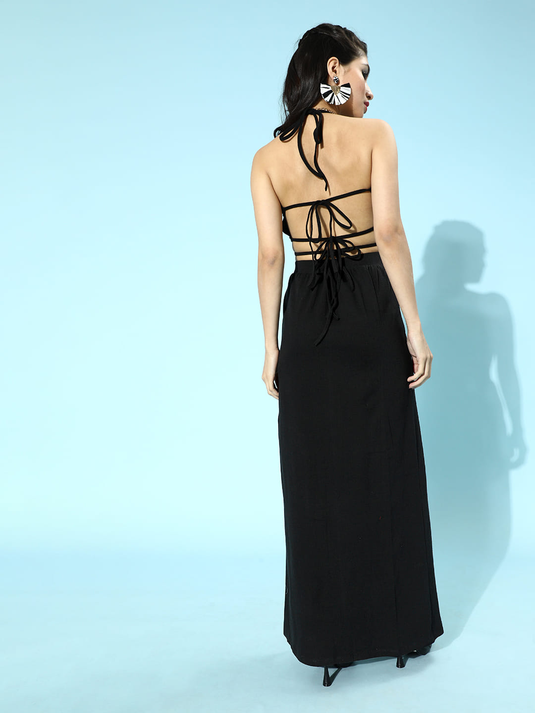 SCORPIUS Black Backless Coord Set with a slit Skirt