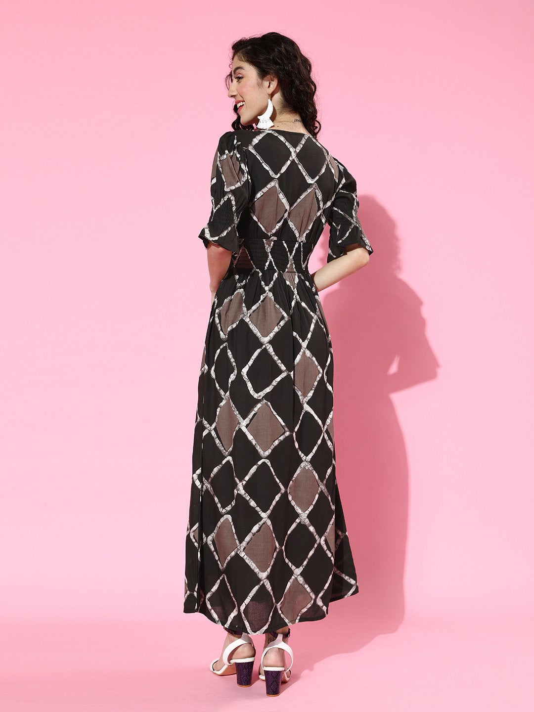 SCORPIUS Brown Printed front slit long Dress