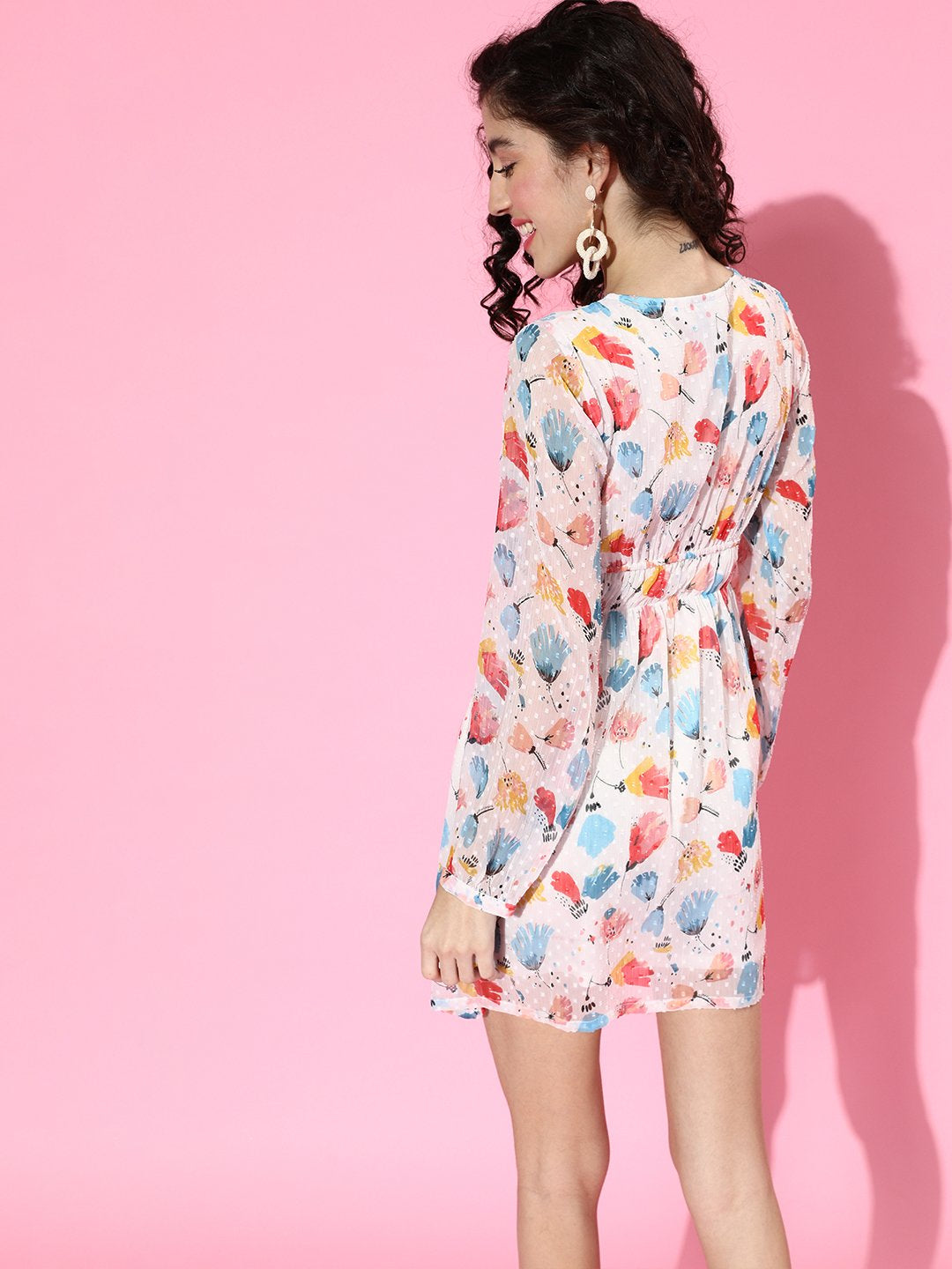 SCORPIUS White Chiffon Printed Waisted mini Dress