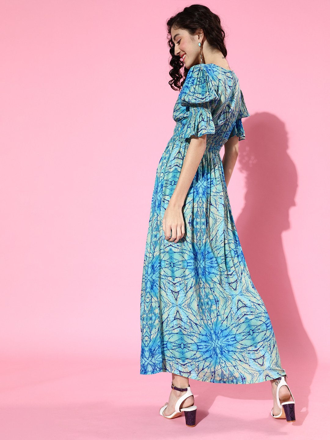 SCORPIUS Blue Printed front slit long Dress