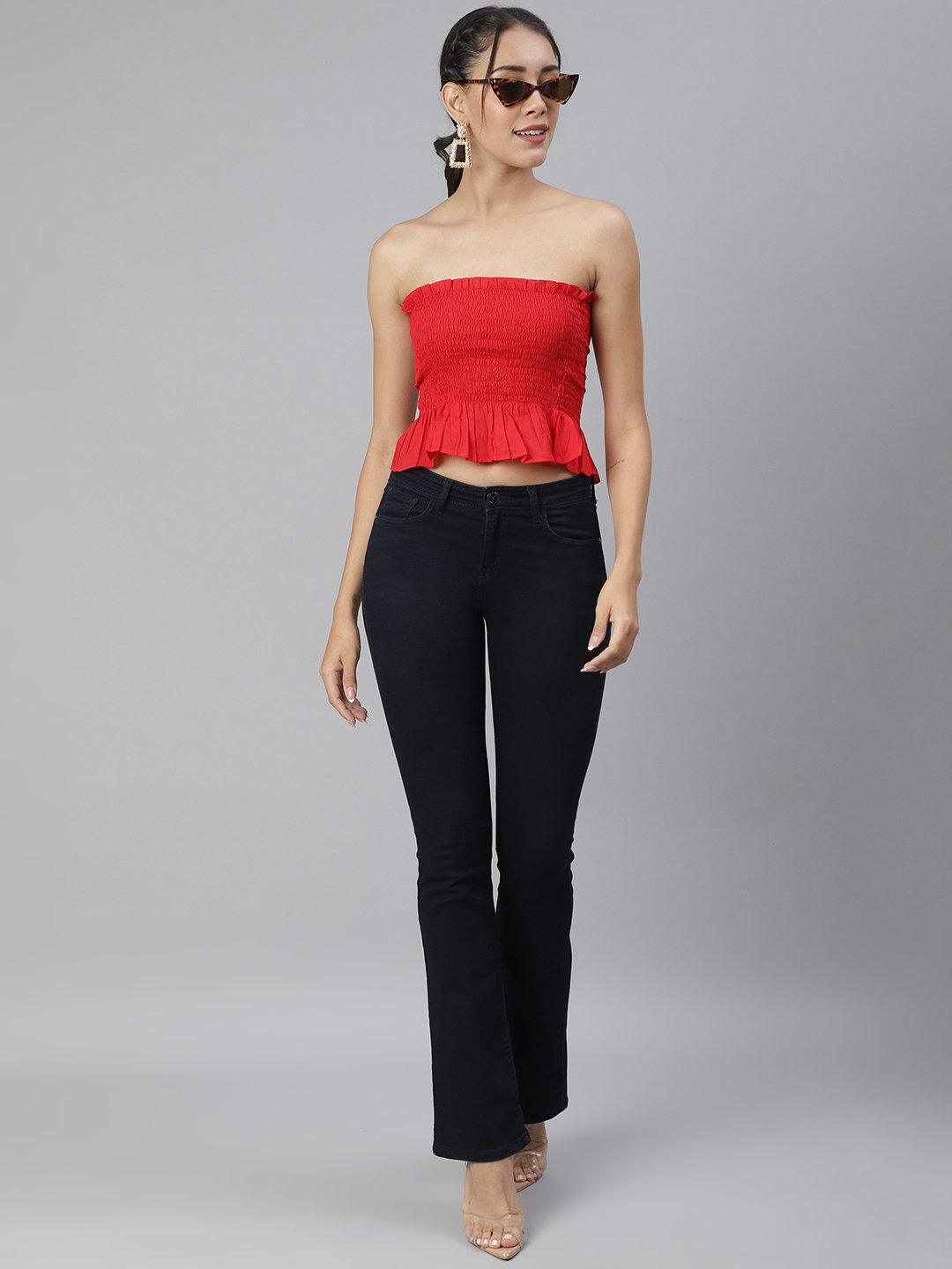SCORPIUS Red Smocked off shoulder crop top