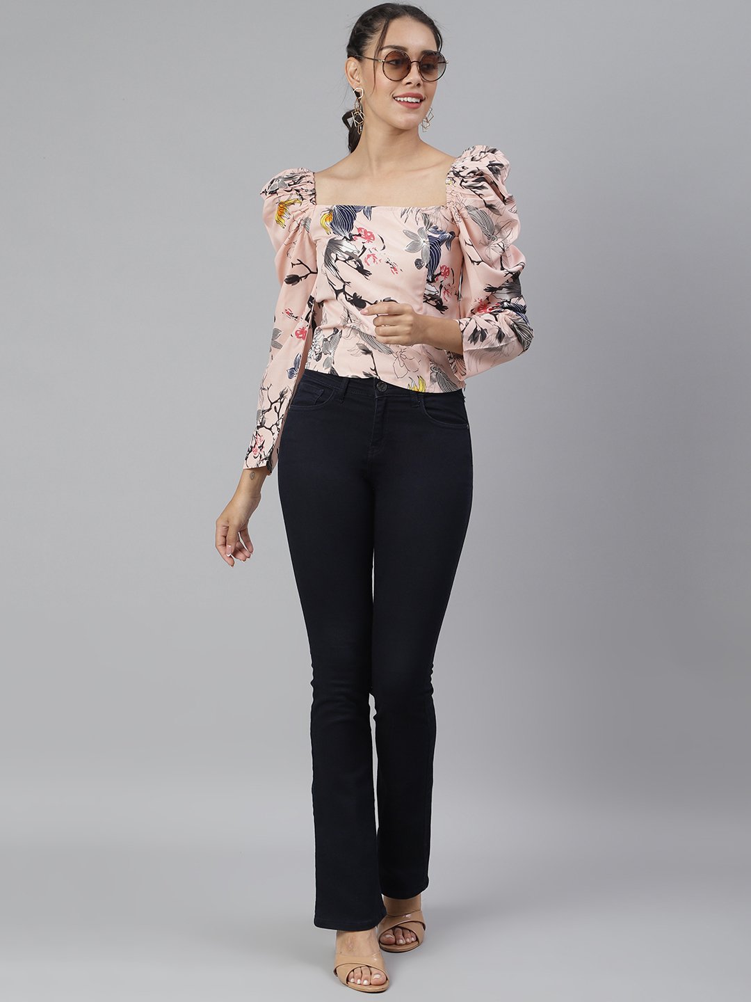 SCORPIUS Beige Puff Sleeve Printed top