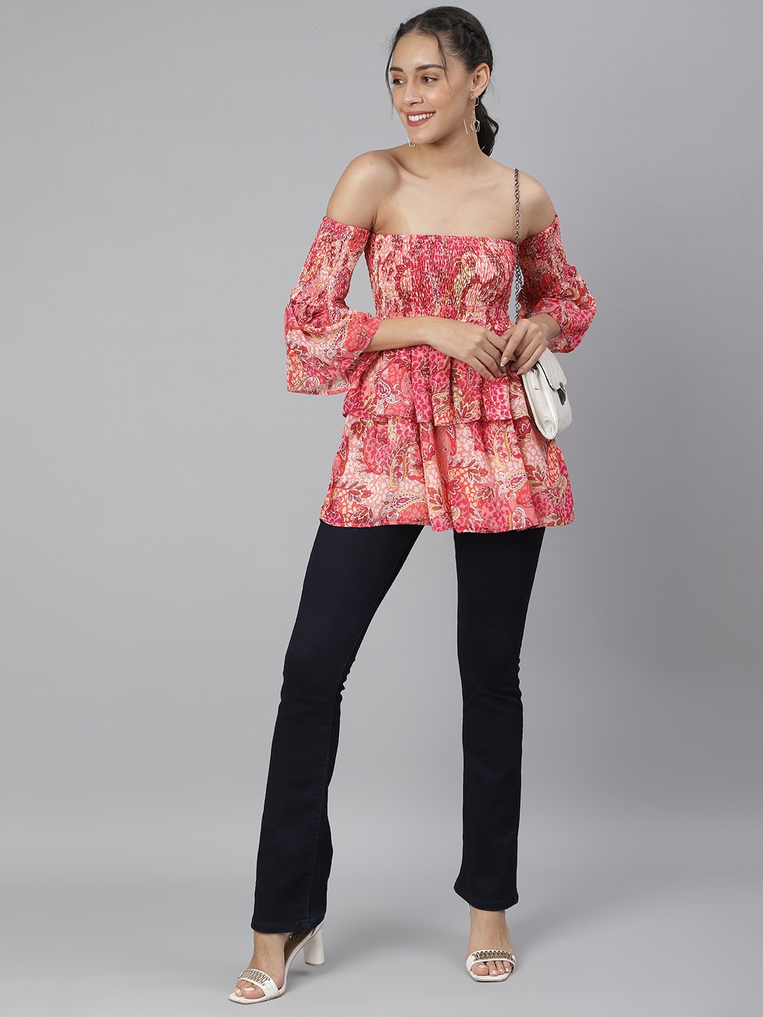 SCORPIUS Pink printed offshoulder frill sleeve top