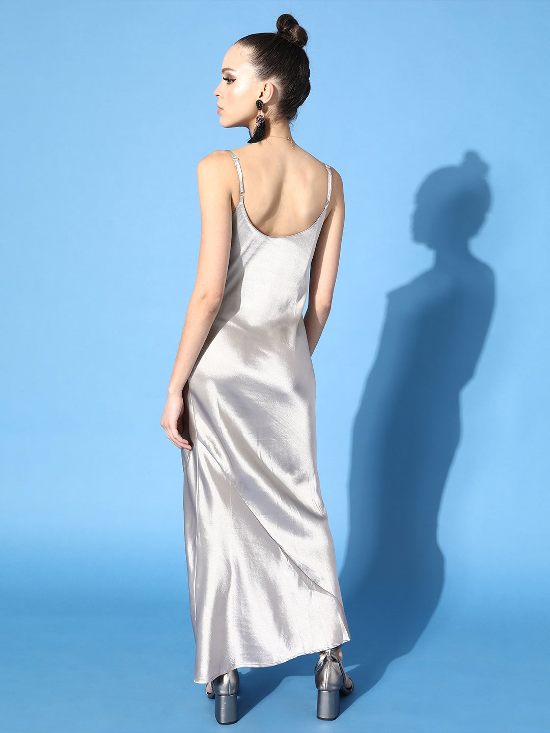 Stylish Long Solid Grey Satin Dress