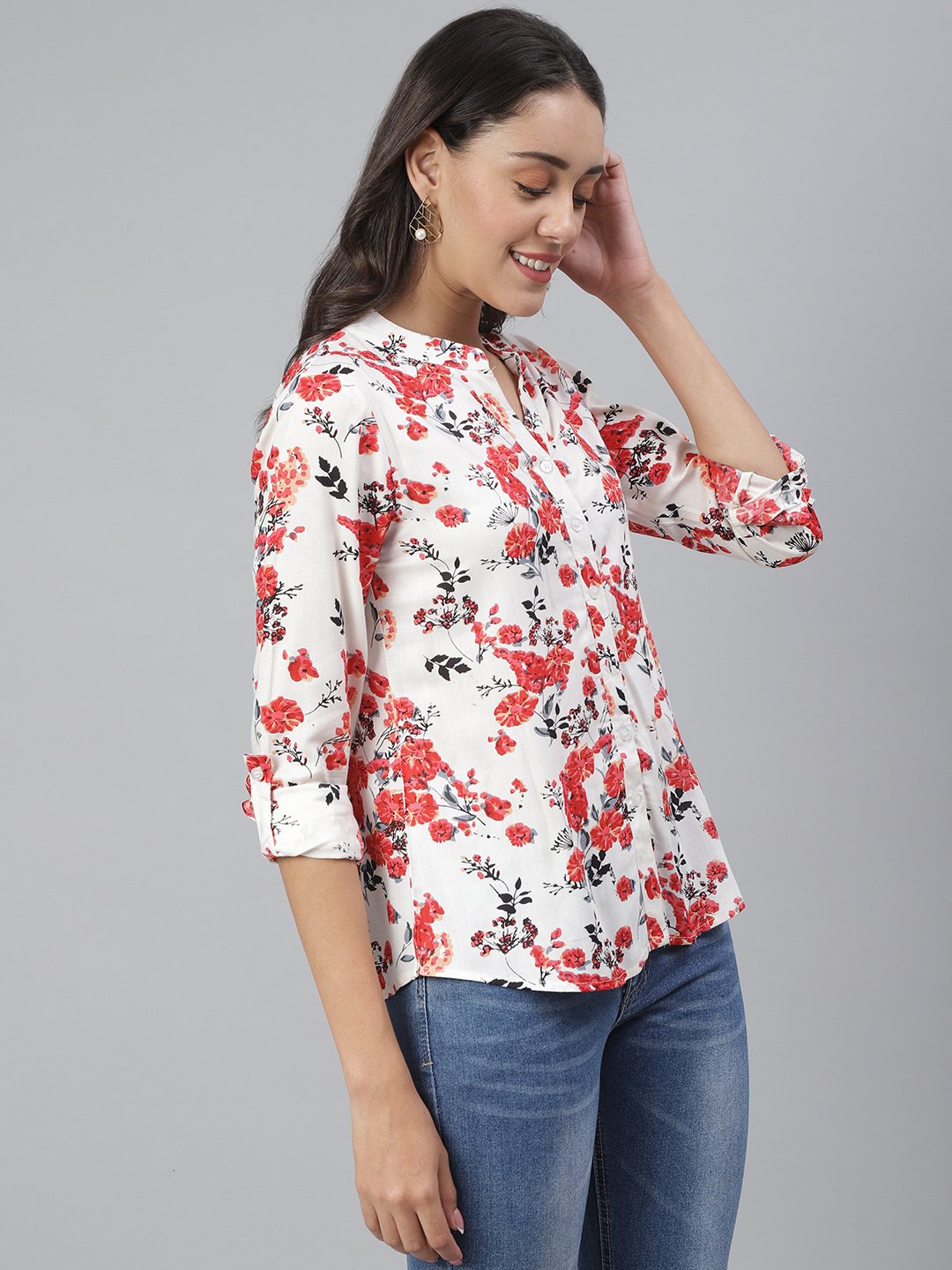SCORPIUS White & Red Floral Rayon Shirt