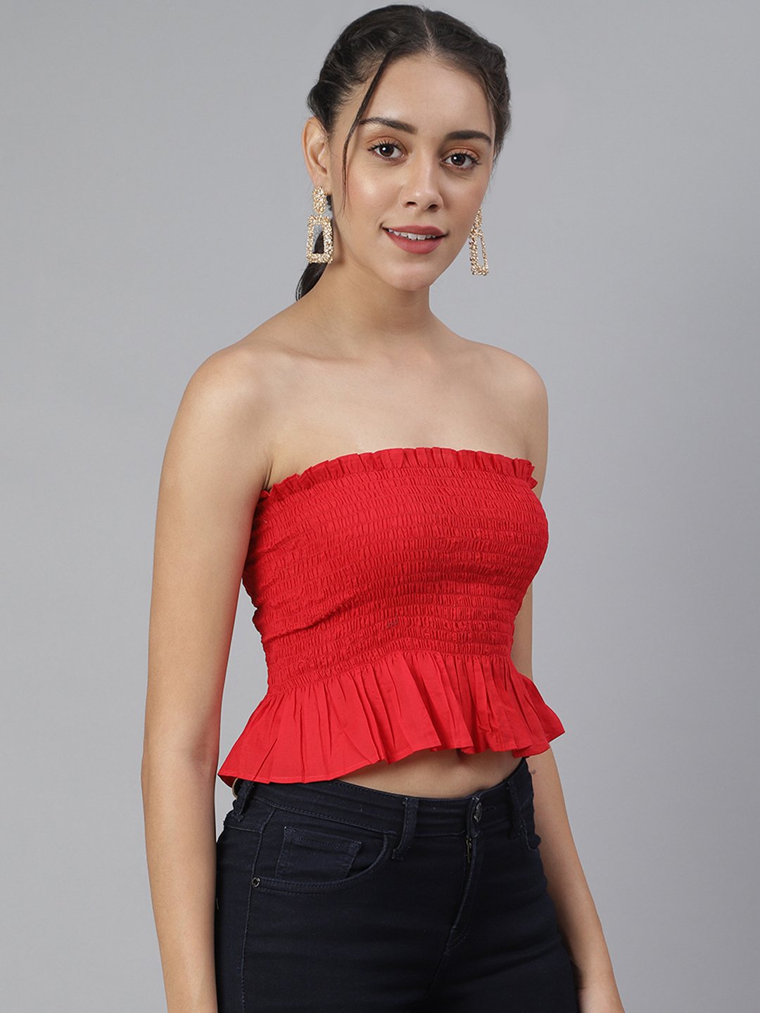 SCORPIUS Red Smocked off shoulder crop top