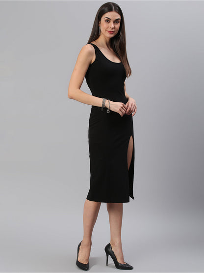 Front Slit Solid Black Dress