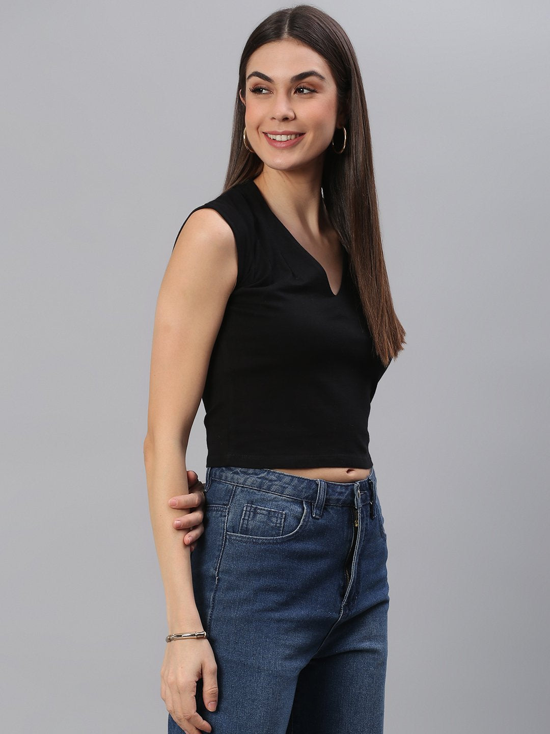 V-Neck Solid Black Top