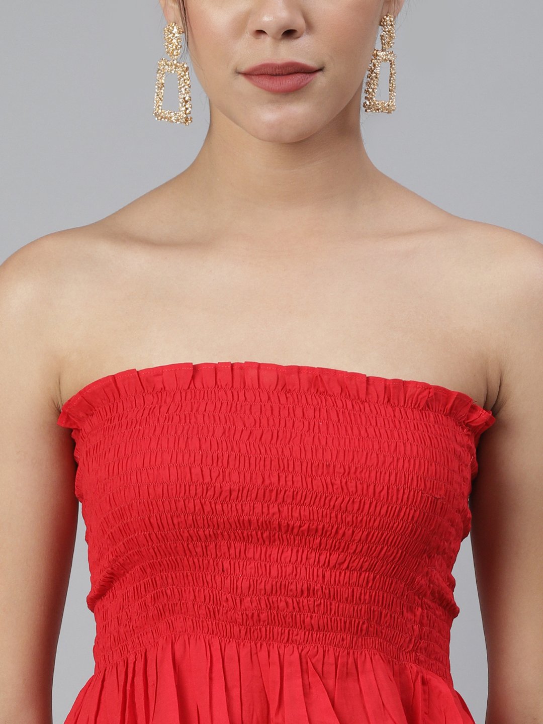 SCORPIUS Red Smocked off shoulder crop top