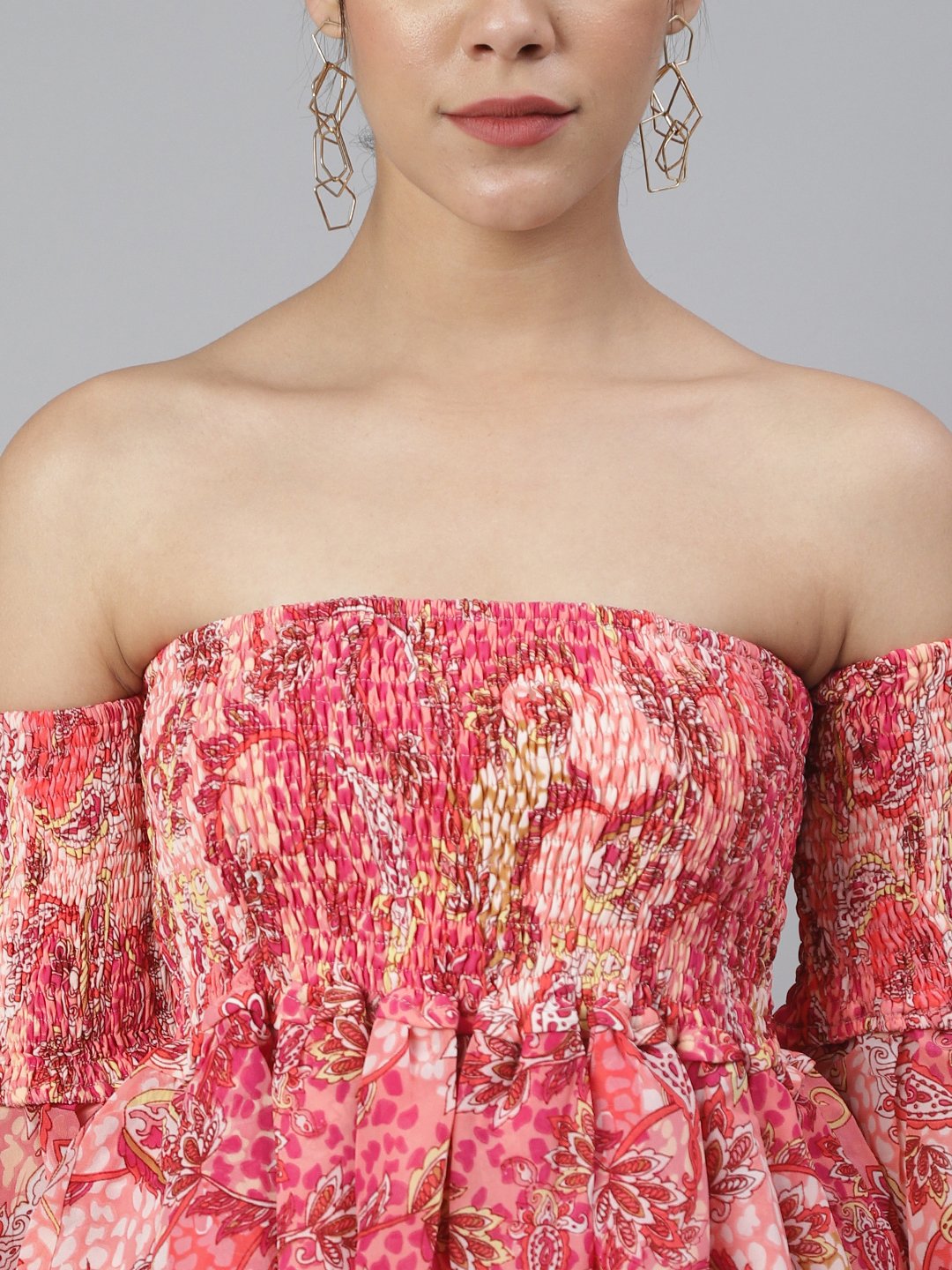 SCORPIUS Pink printed offshoulder frill sleeve top
