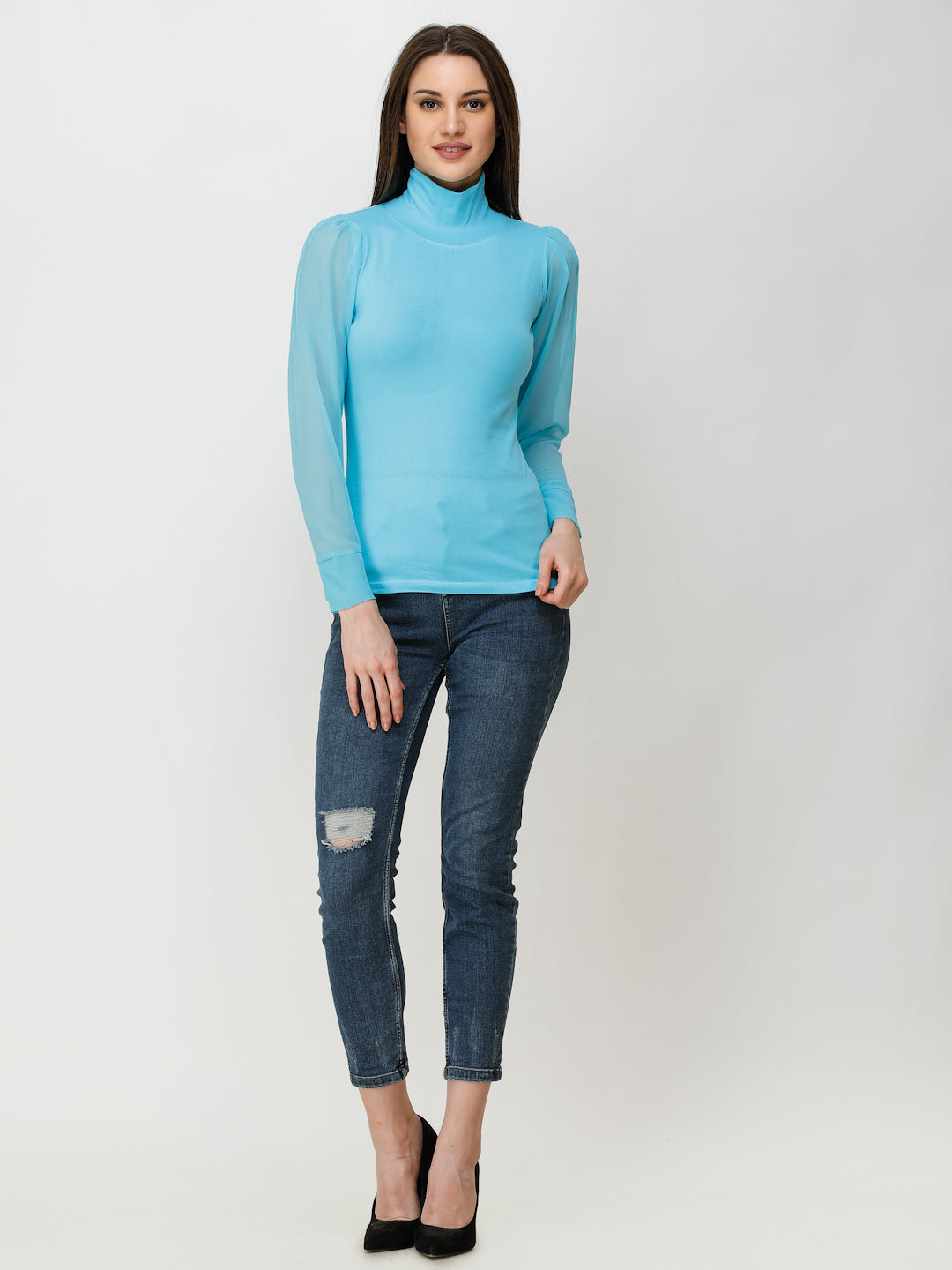 SCORPIUS Women Blue Solid High Neck Top
