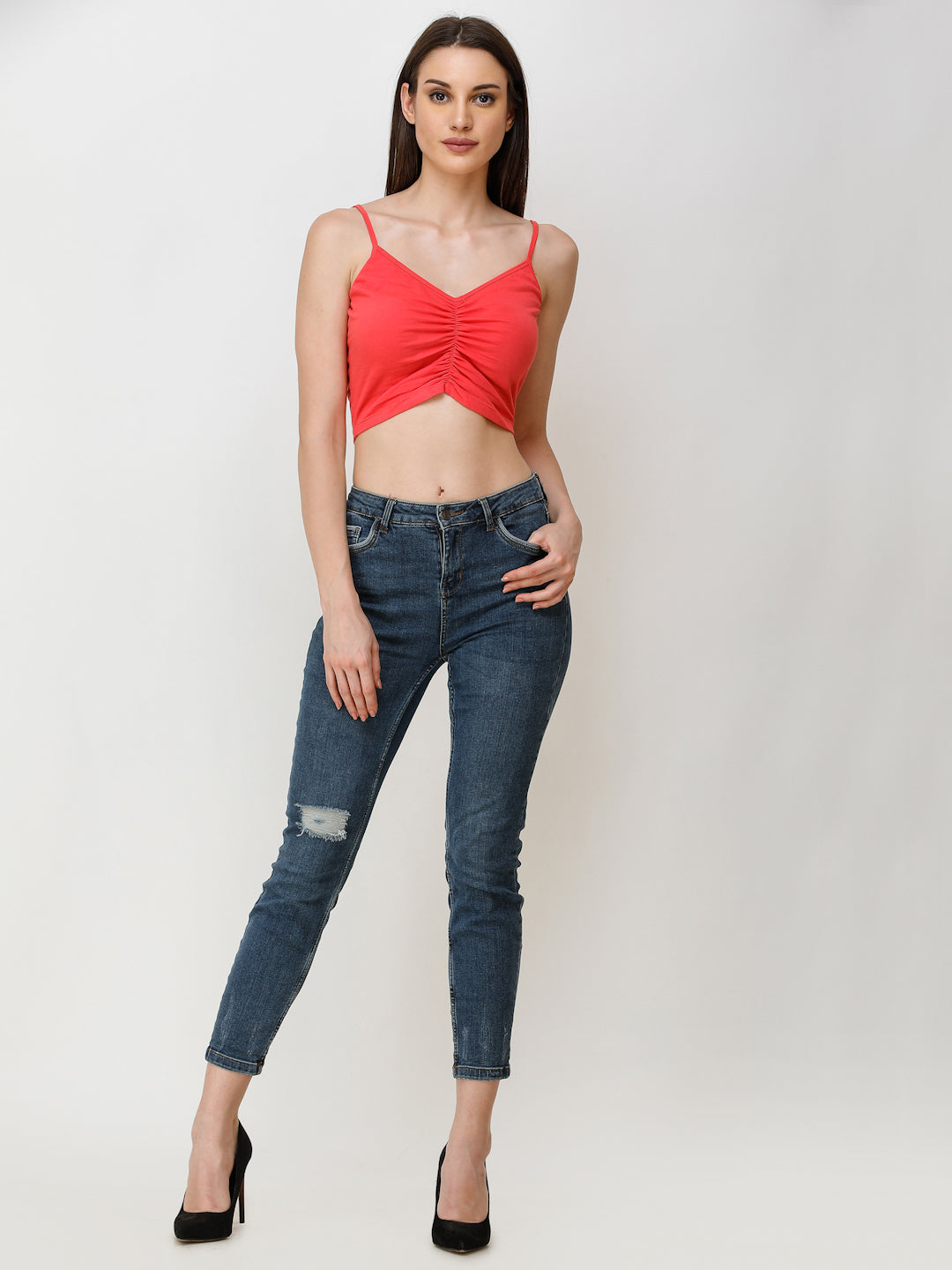 SCORPIUS Women Coral Red Solid Fitted Top