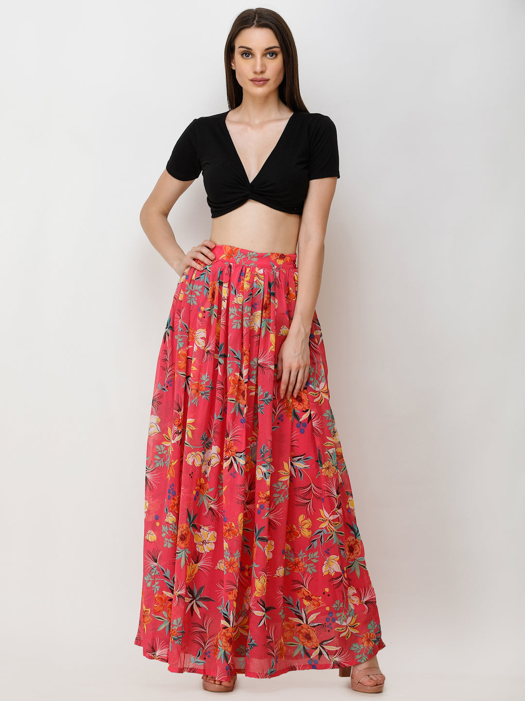 Scorpius Women Pink & Yellow Floral Printed Flared Maxi Chiffon Skirt
