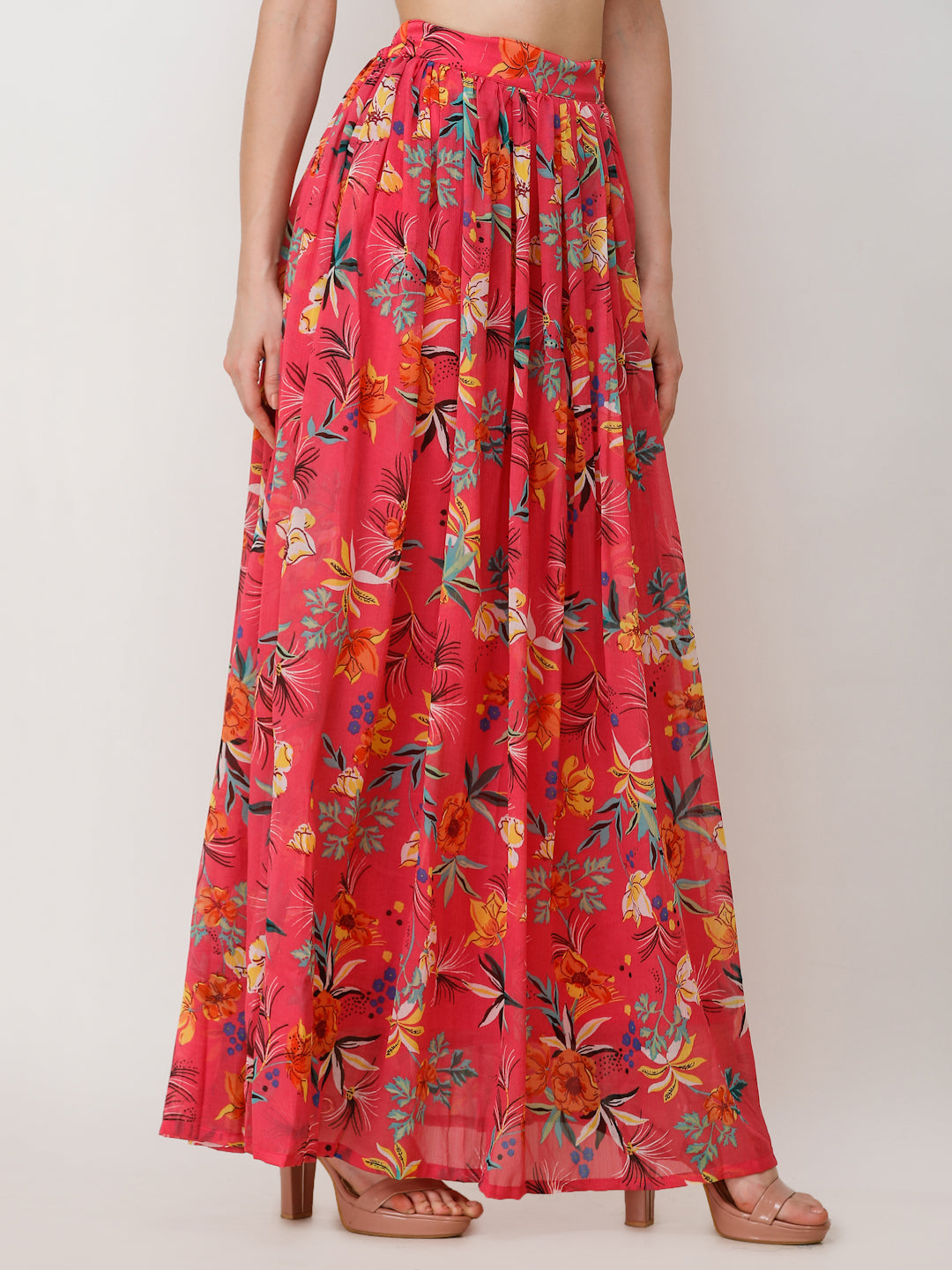 Scorpius Women Pink & Yellow Floral Printed Flared Maxi Chiffon Skirt