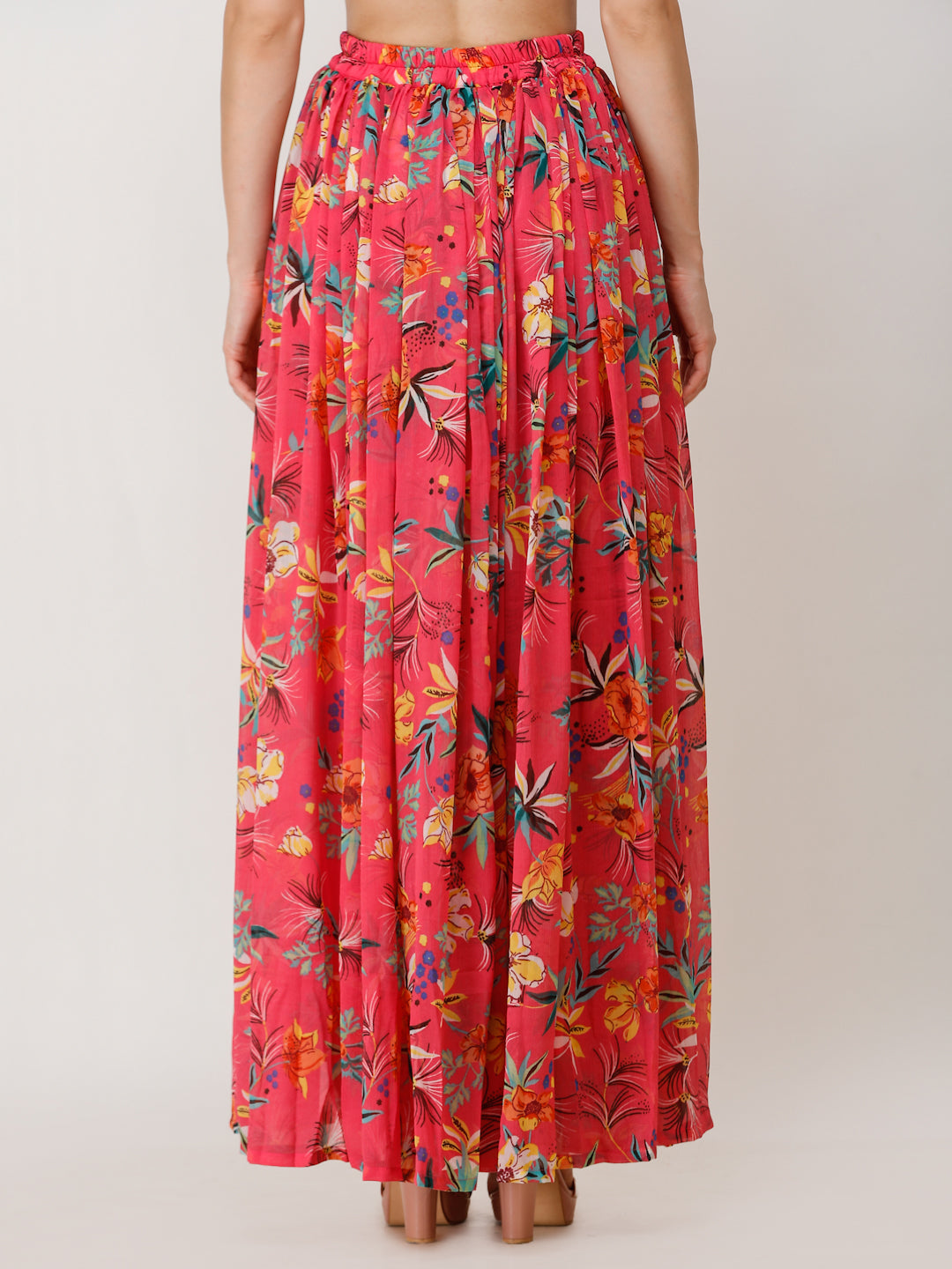 Scorpius Women Pink & Yellow Floral Printed Flared Maxi Chiffon Skirt