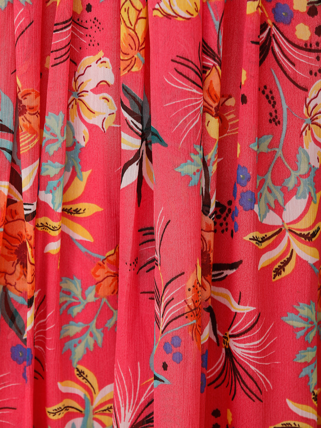 Scorpius Women Pink & Yellow Floral Printed Flared Maxi Chiffon Skirt