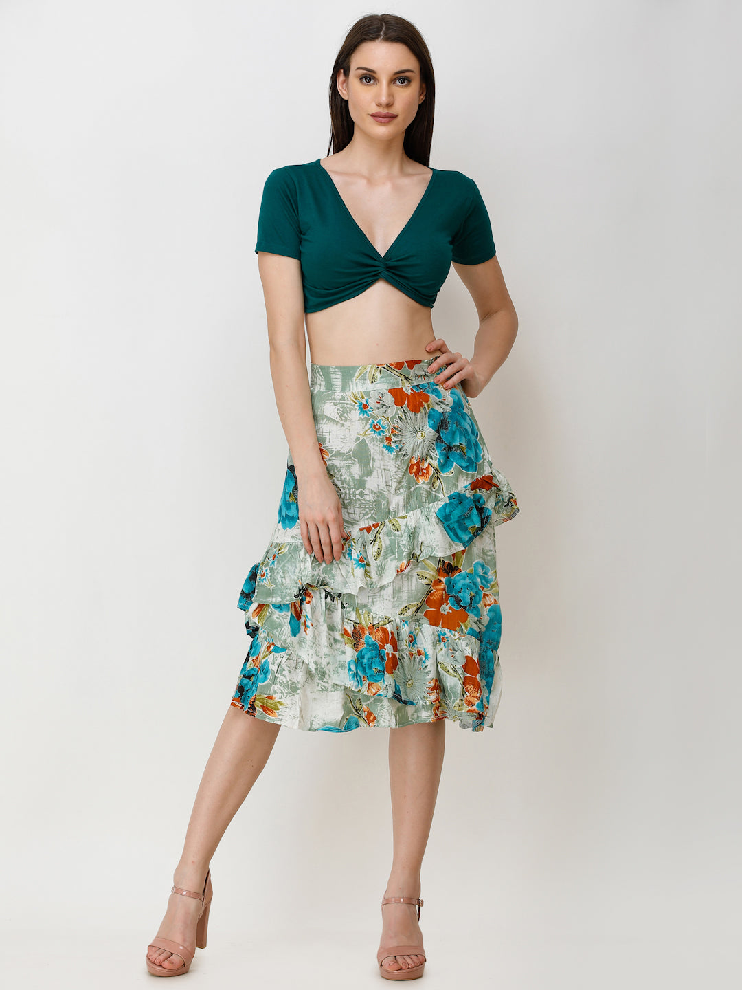 SCORPIUS Women Teal Green Solid Front Knot Crop Top