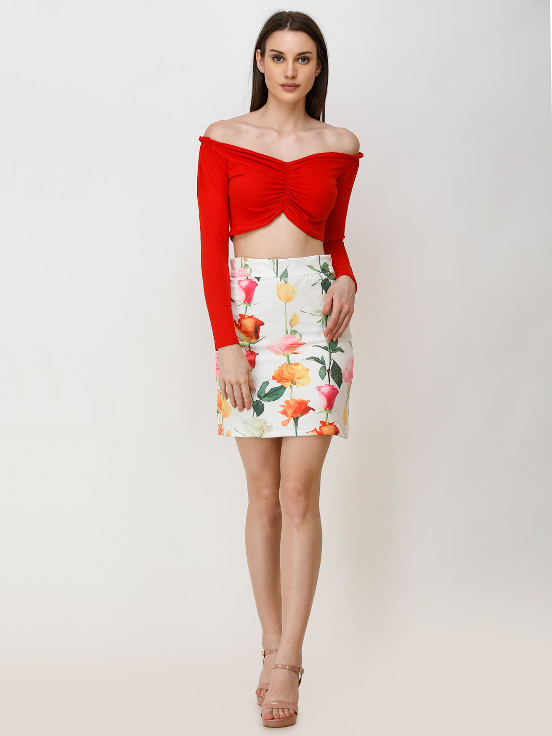 SCORPIUS Women Red Solid Front Styled Bardot Crop Top