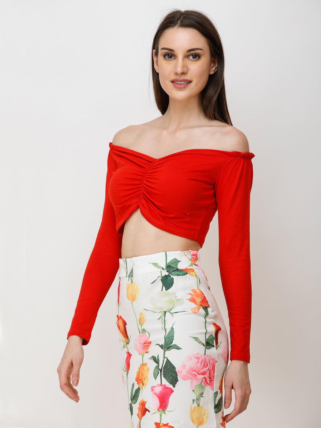 SCORPIUS Women Red Solid Front Styled Bardot Crop Top