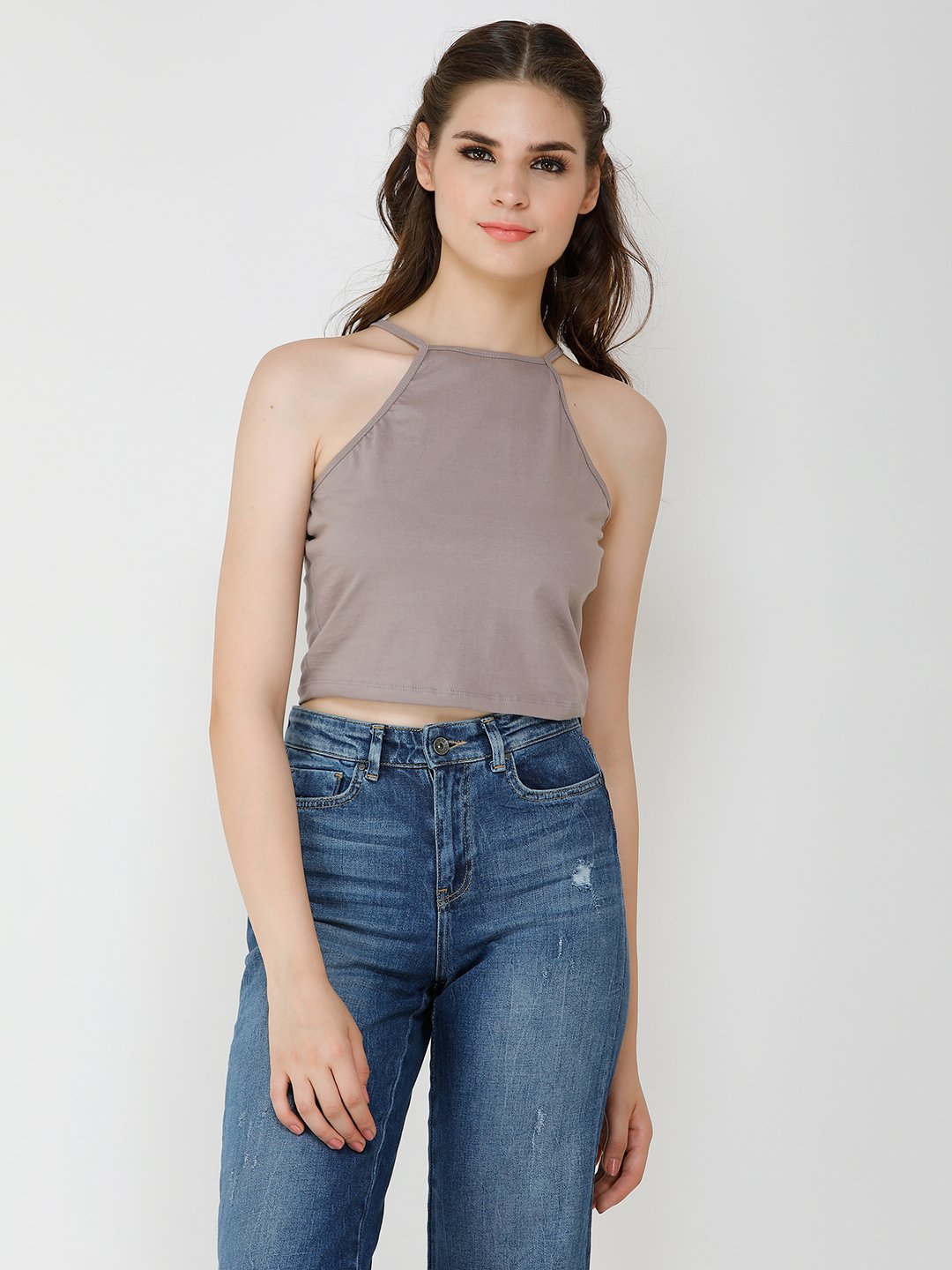 Beige Solid Crop Top