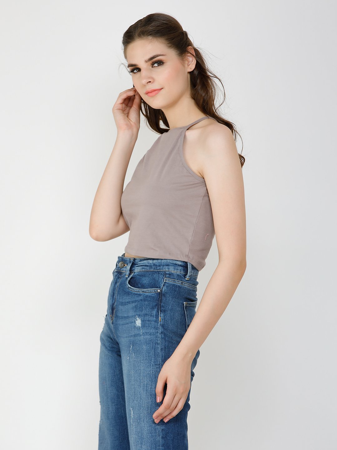 Beige Solid Crop Top