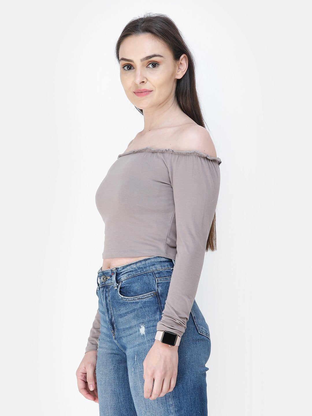 Beige Solid Crop Top