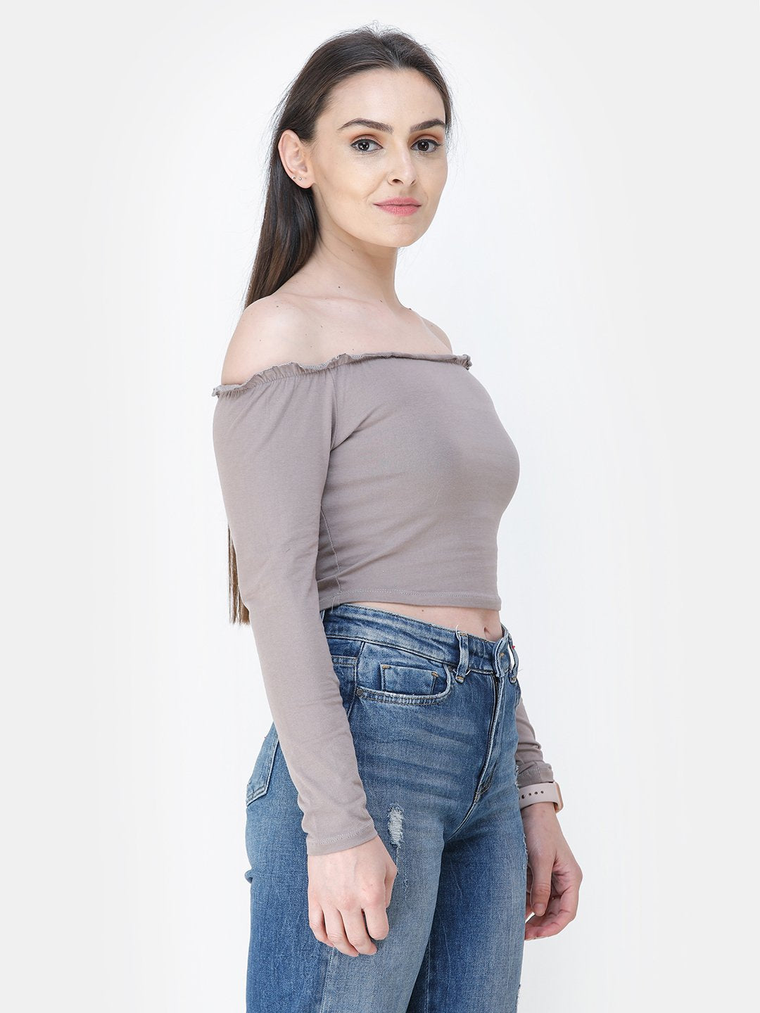 Beige Solid Crop Top