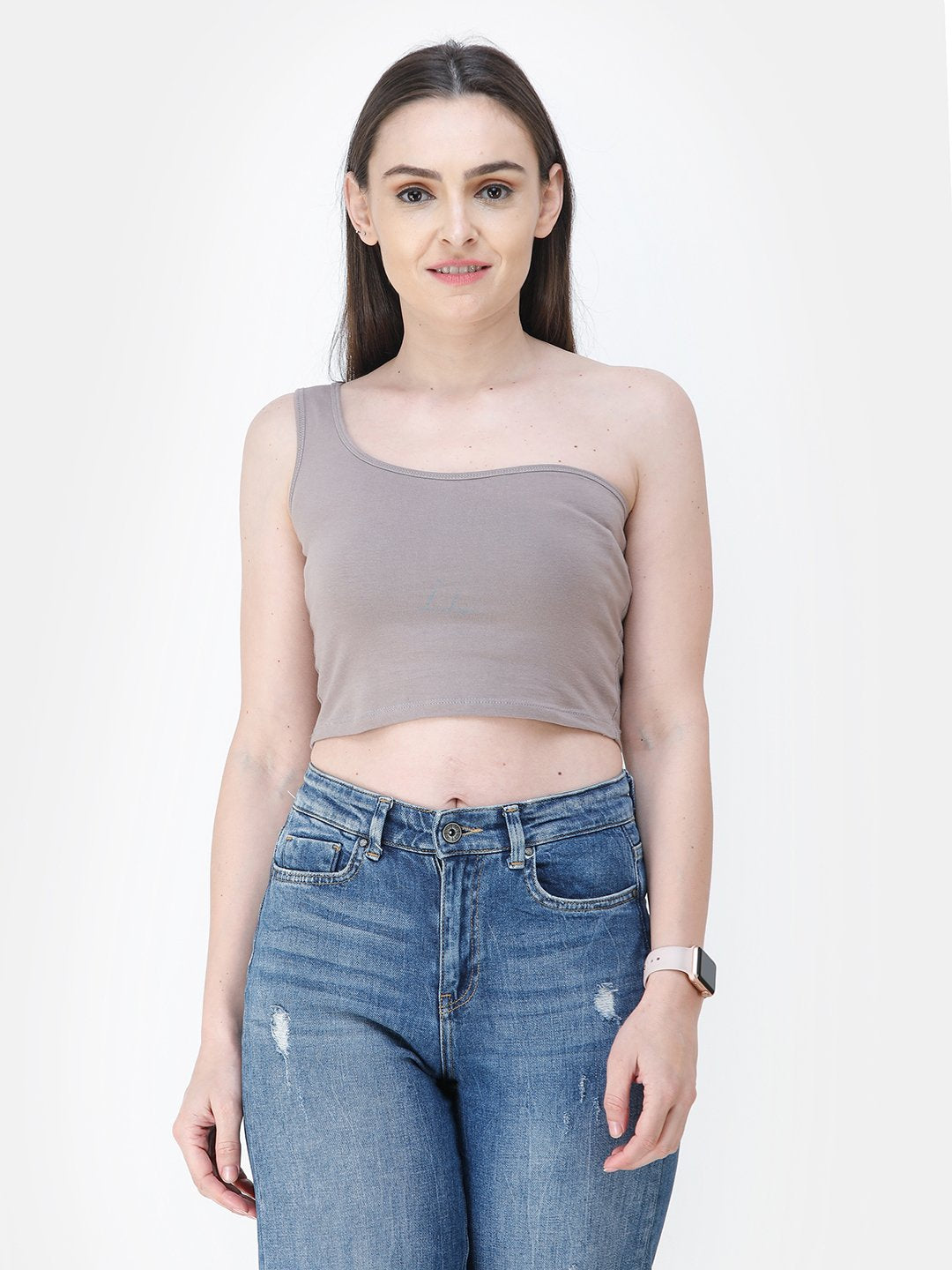 Beige Solid Crop Top