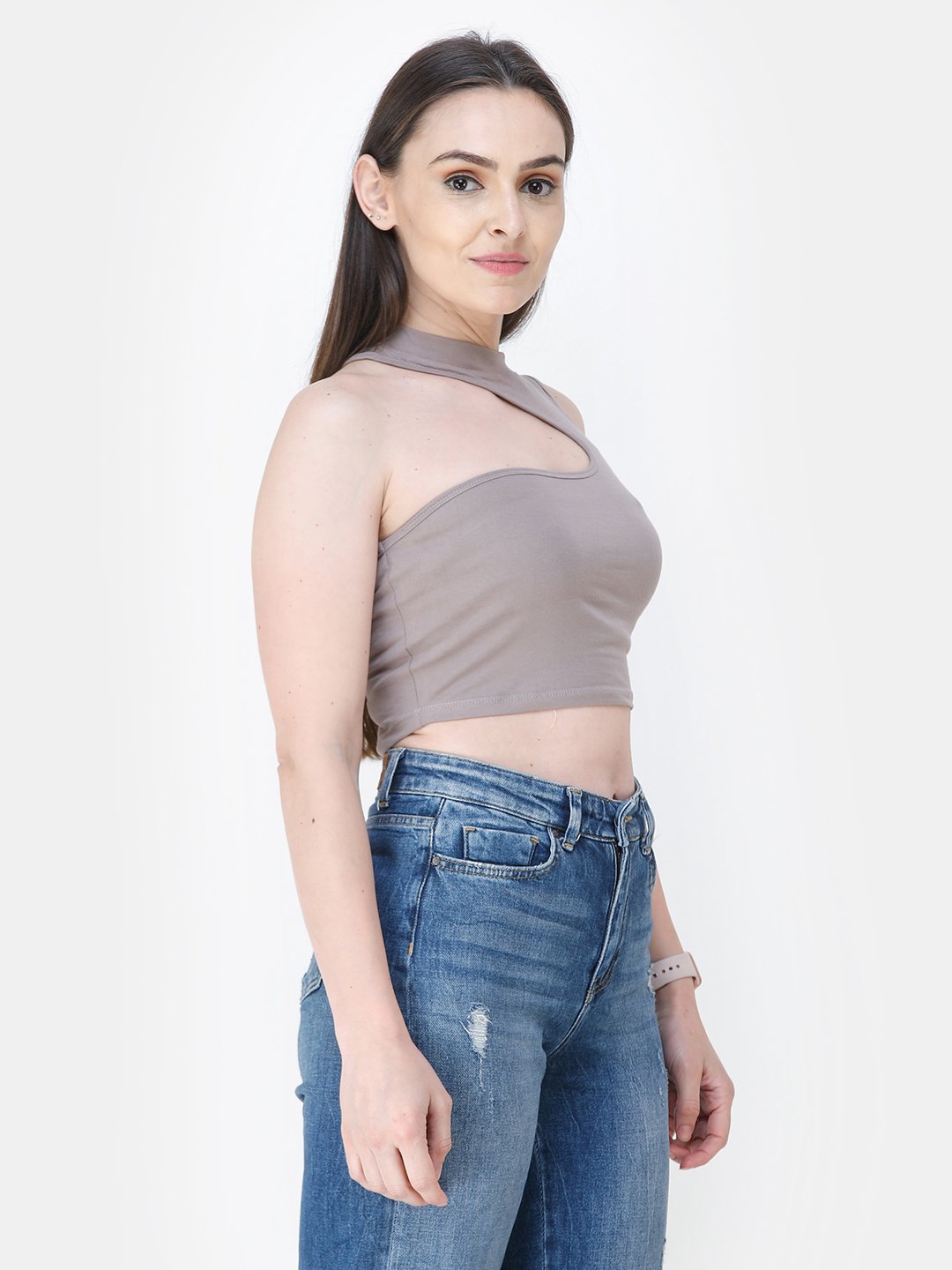 Beige Solid Crop Top