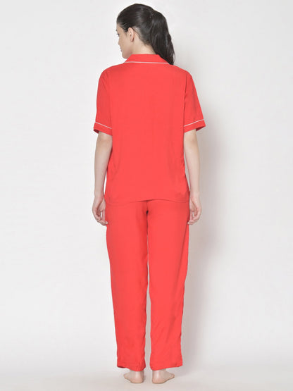 Cation Red Solid Night Suit