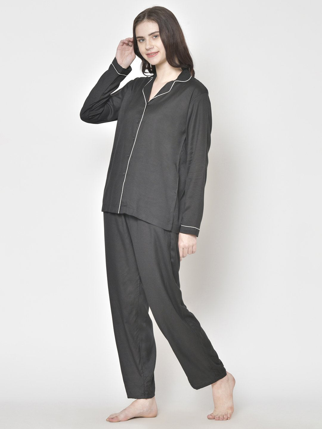 Cation Solid Black Night Suit