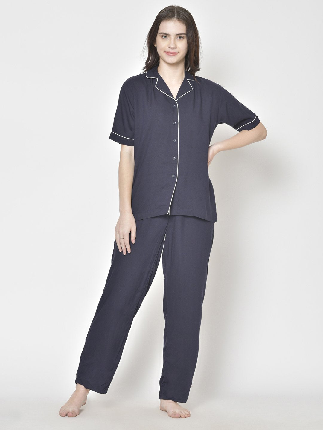 Cation Navy Blue Solid Night Suit