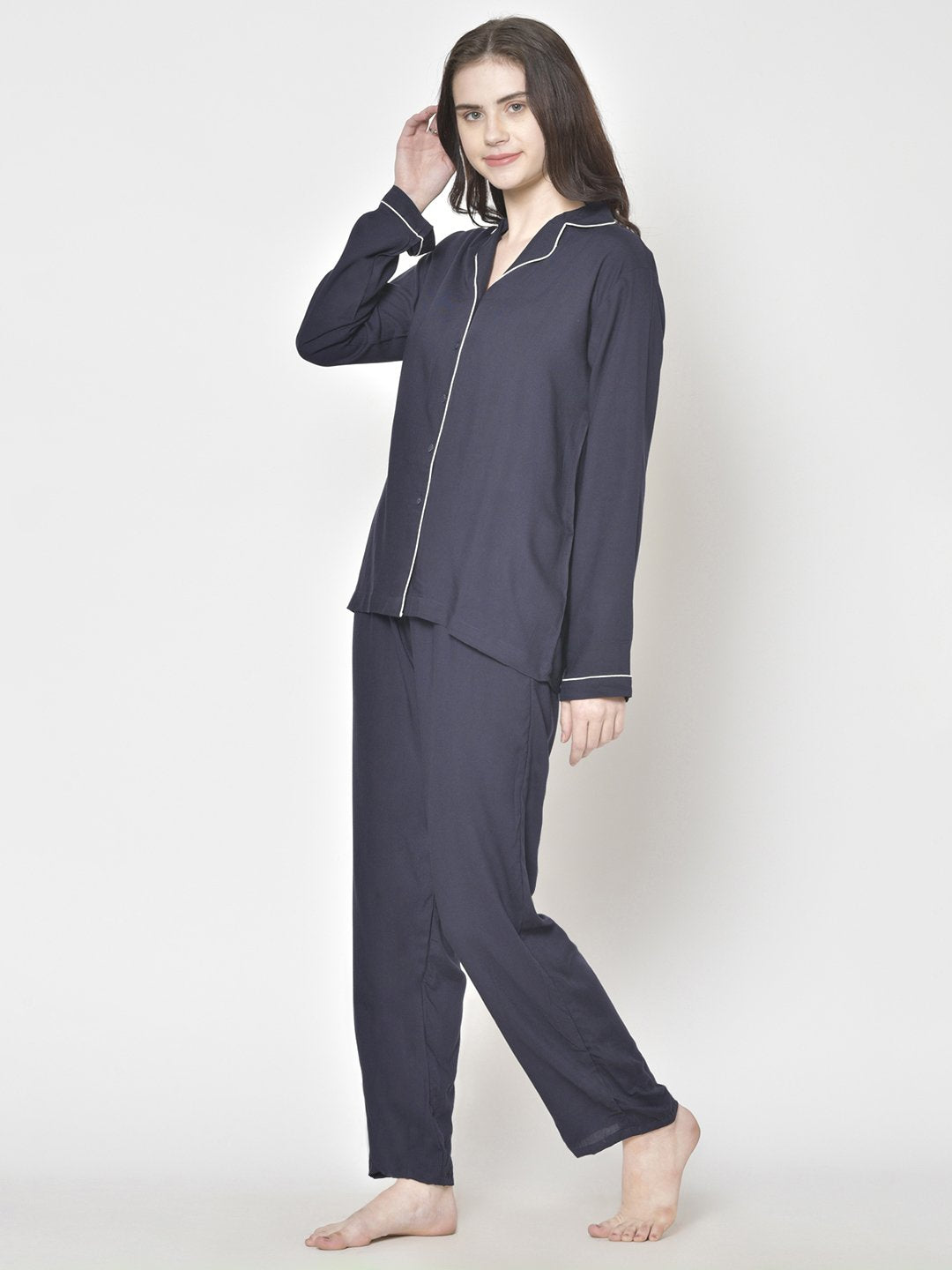 Cation Navy Blue Solid Night Suit