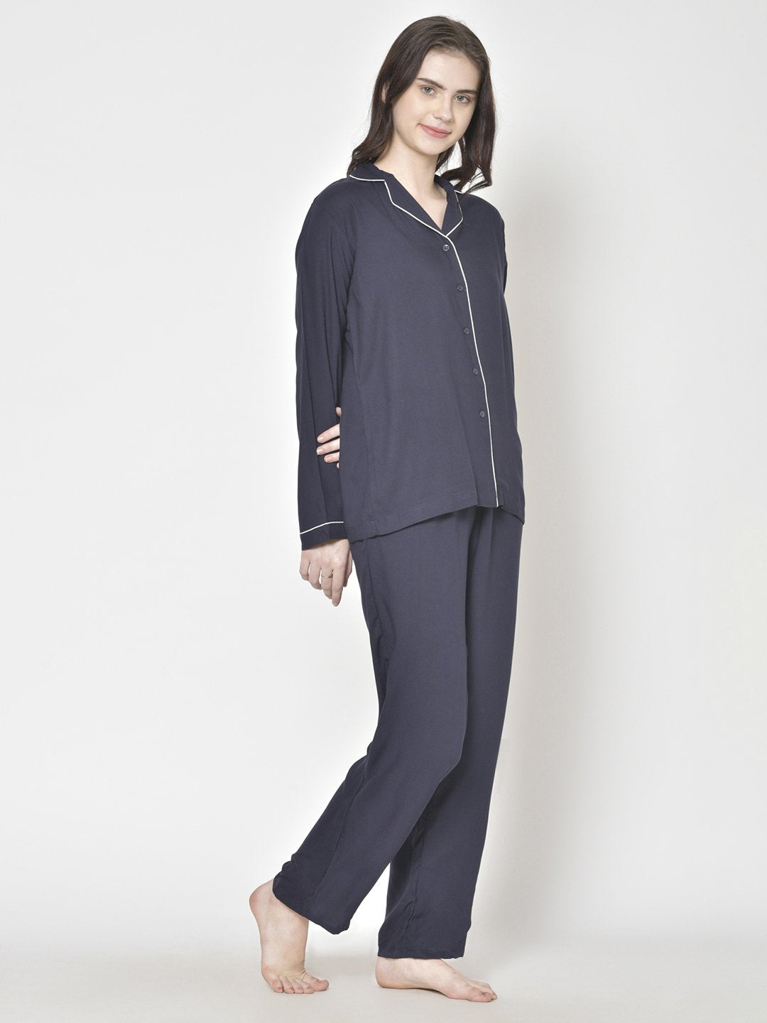 Cation Navy Blue Solid Night Suit