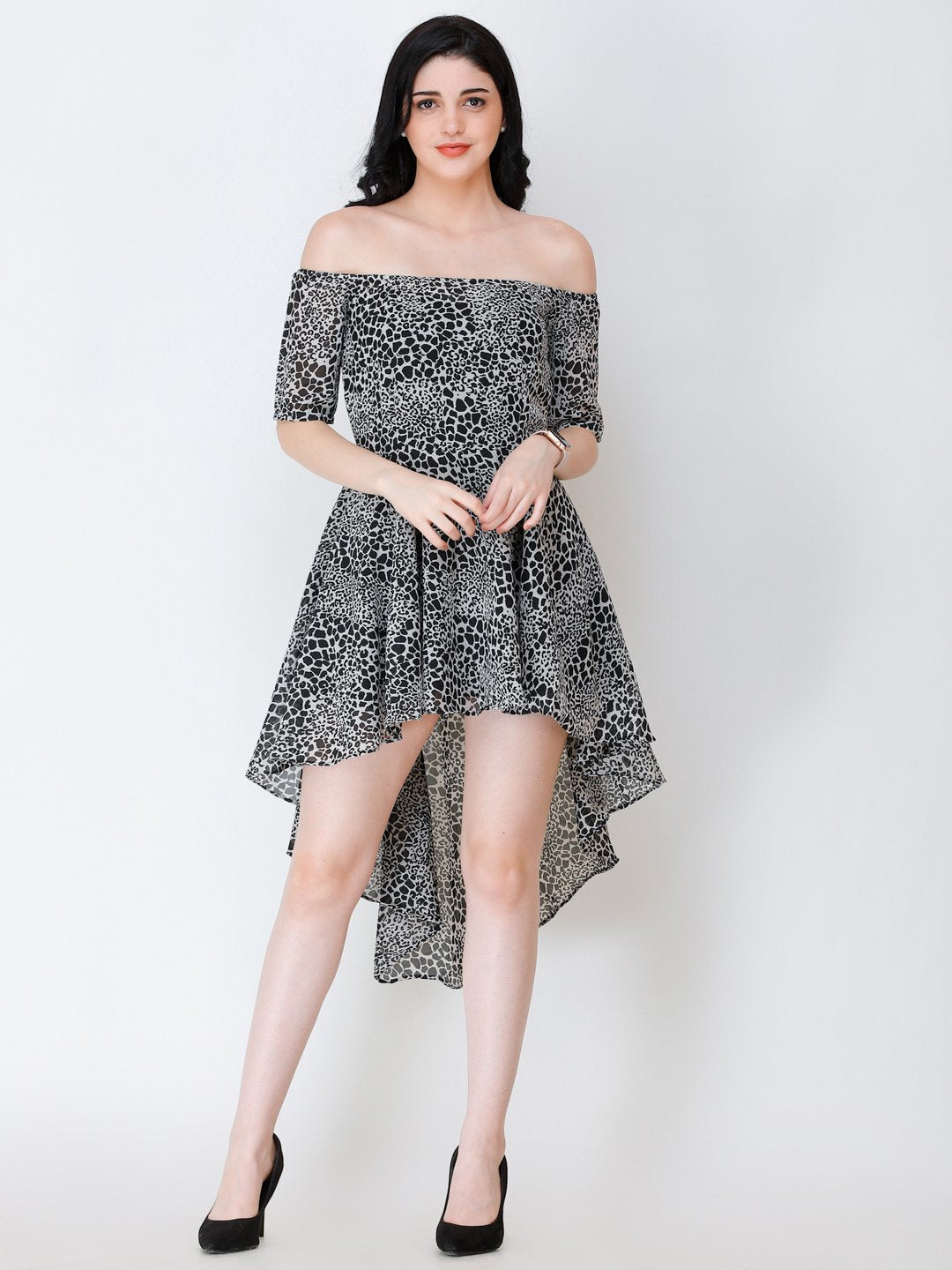SCORPIUS BLACK PRINTED OFFSHOULDER DRESS