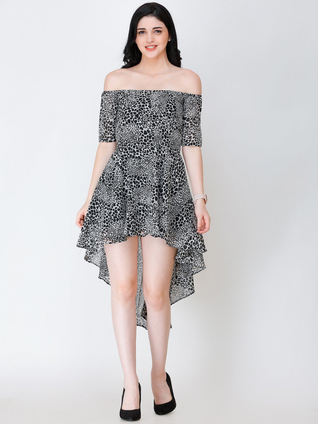 SCORPIUS BLACK PRINTED OFFSHOULDER DRESS