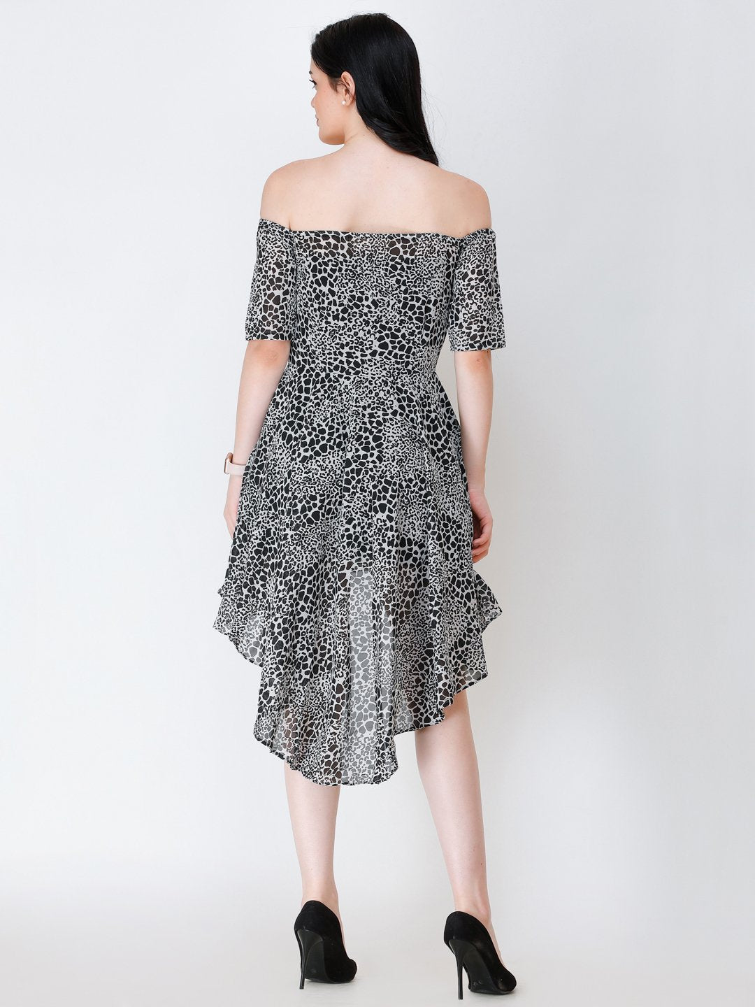 SCORPIUS BLACK PRINTED OFFSHOULDER DRESS