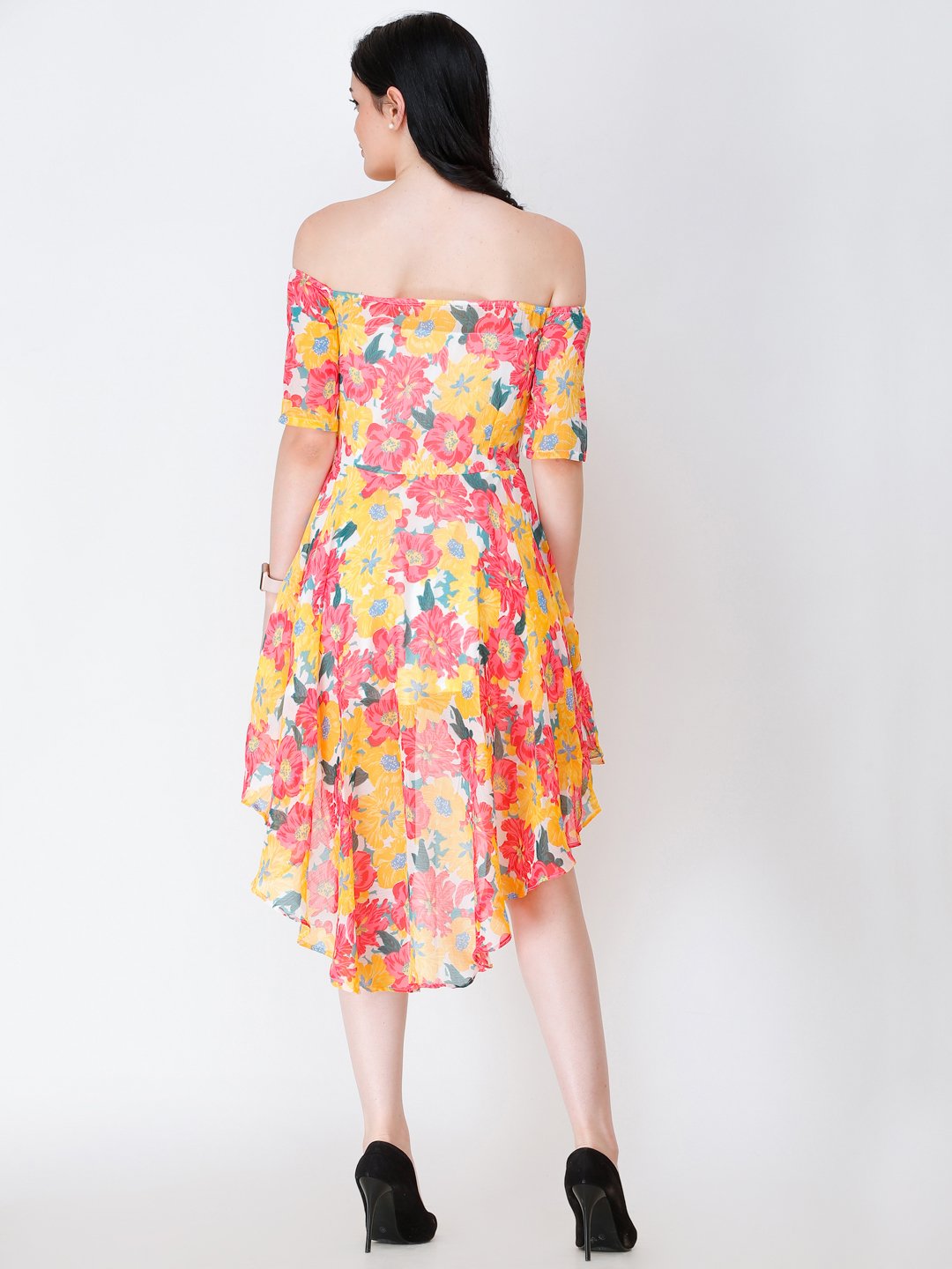 SCORPIUS Yellow PRINTED OFFSHOULDER DRESS