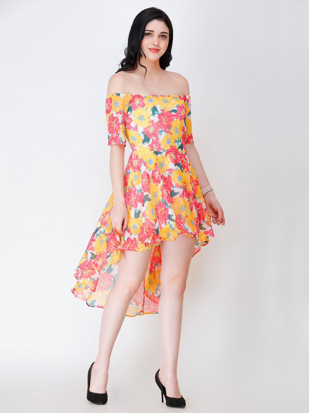 SCORPIUS Yellow PRINTED OFFSHOULDER DRESS