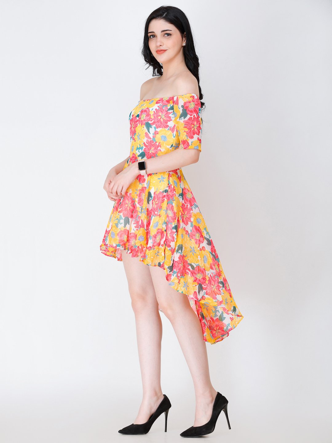 SCORPIUS Yellow PRINTED OFFSHOULDER DRESS