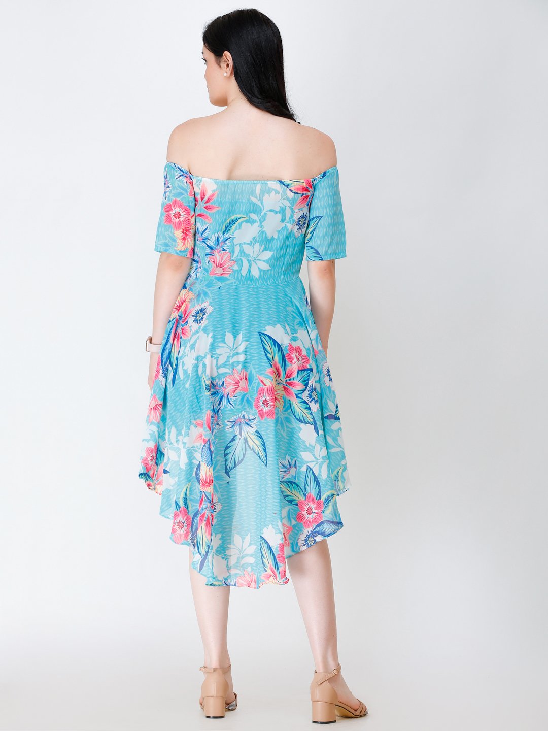 SCORPIUS BLUE PRINTED OFFSHOULDER DRESS