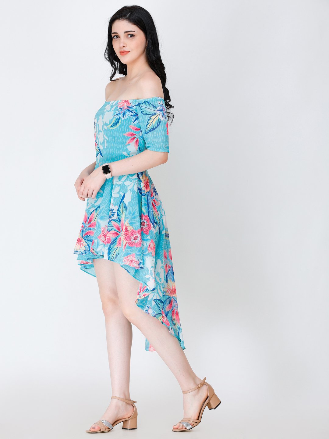 SCORPIUS BLUE PRINTED OFFSHOULDER DRESS