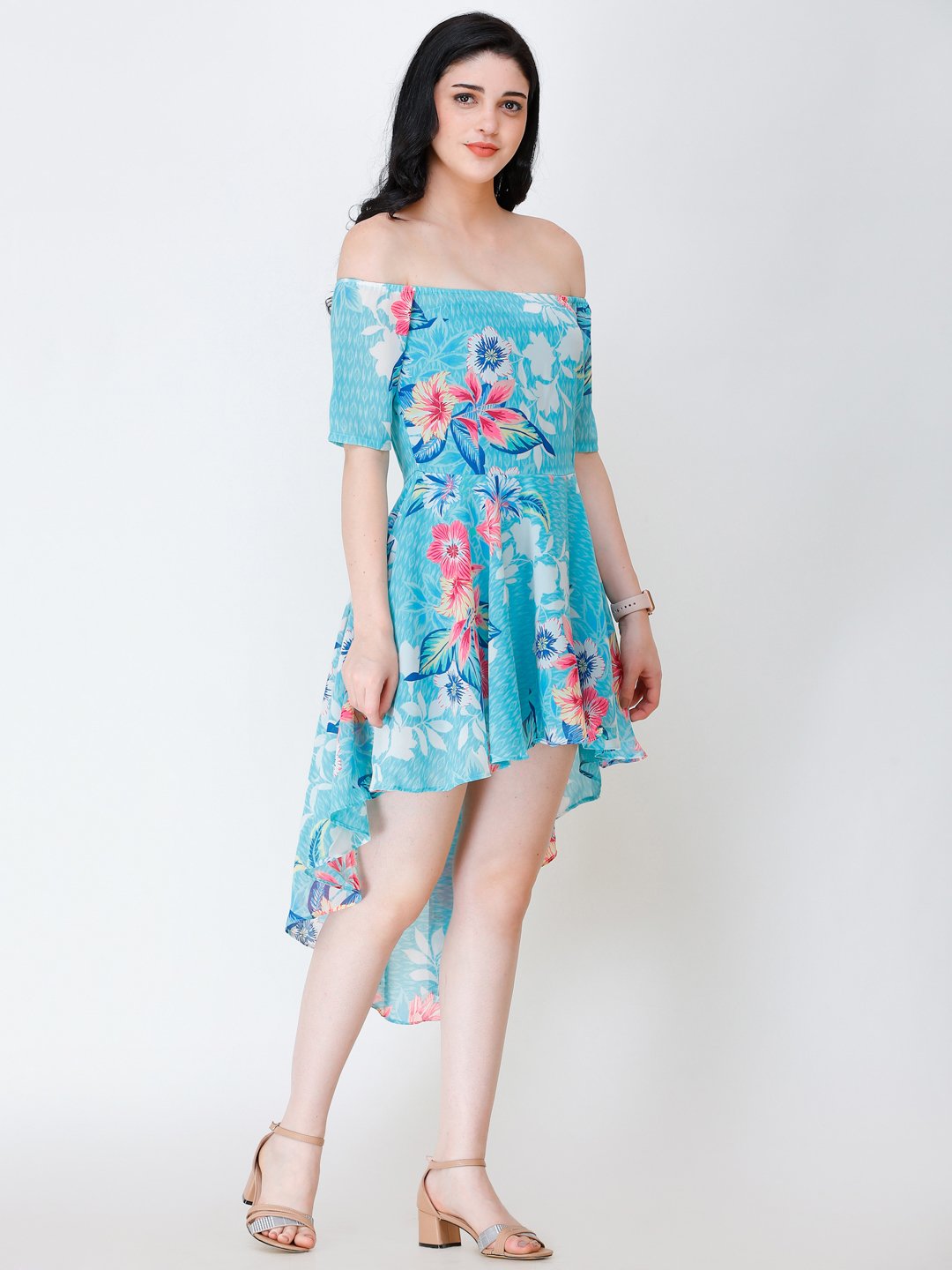 SCORPIUS BLUE PRINTED OFFSHOULDER DRESS