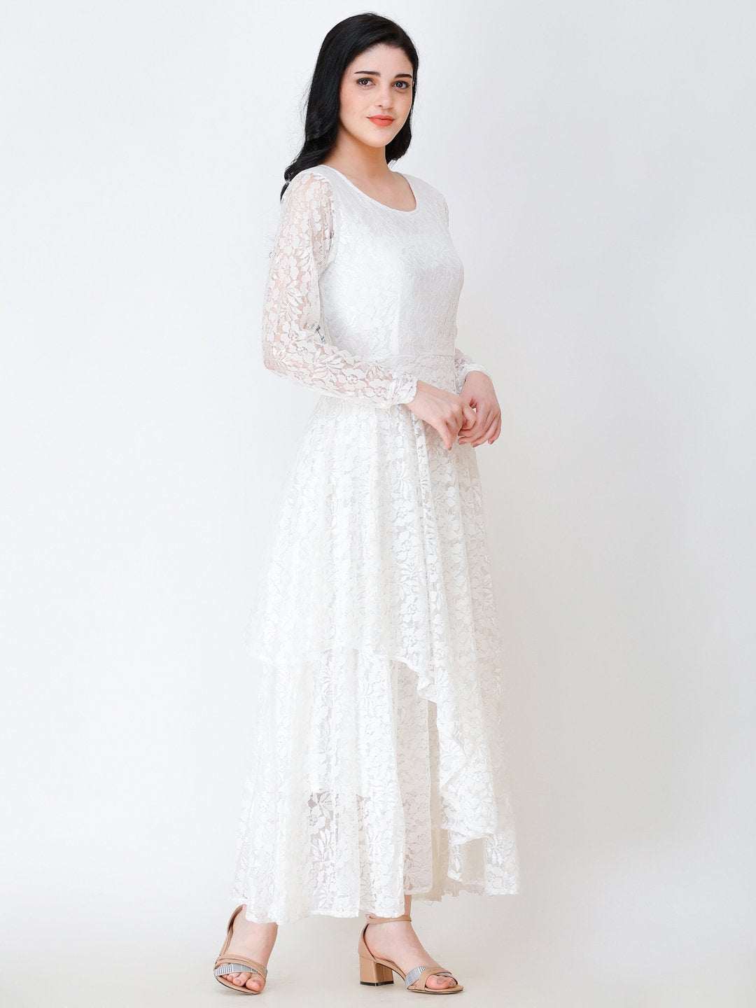 SCORPIUS WHITE NET FULLSLEEVE FLARED DRESS